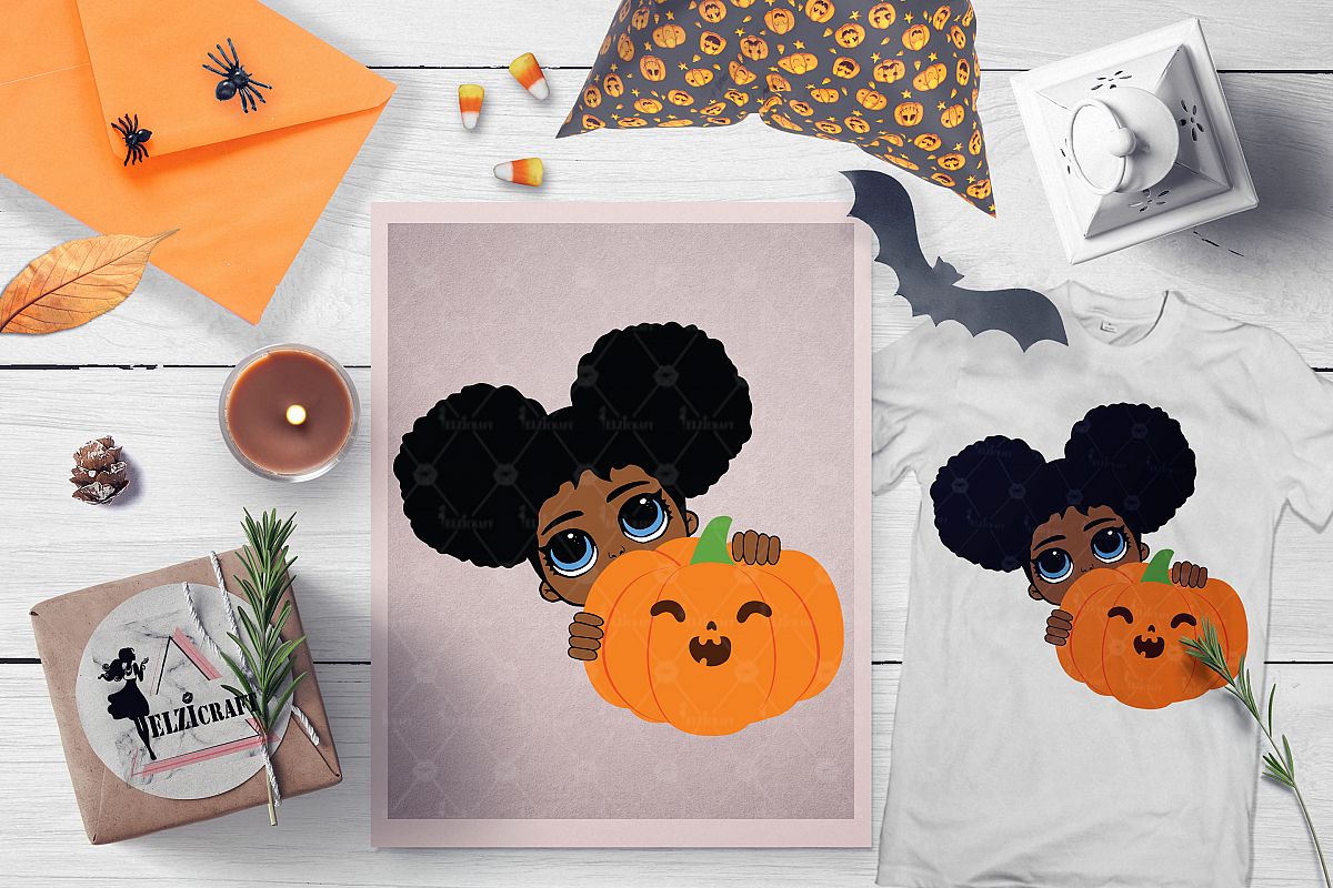 Halloween Afro Peeking Girl Pumpkin Smile SVG Cut File example image 1