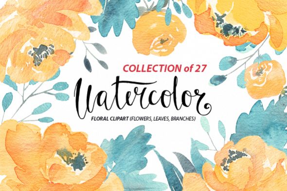 Watercolor blue and yellow flowers example image 1