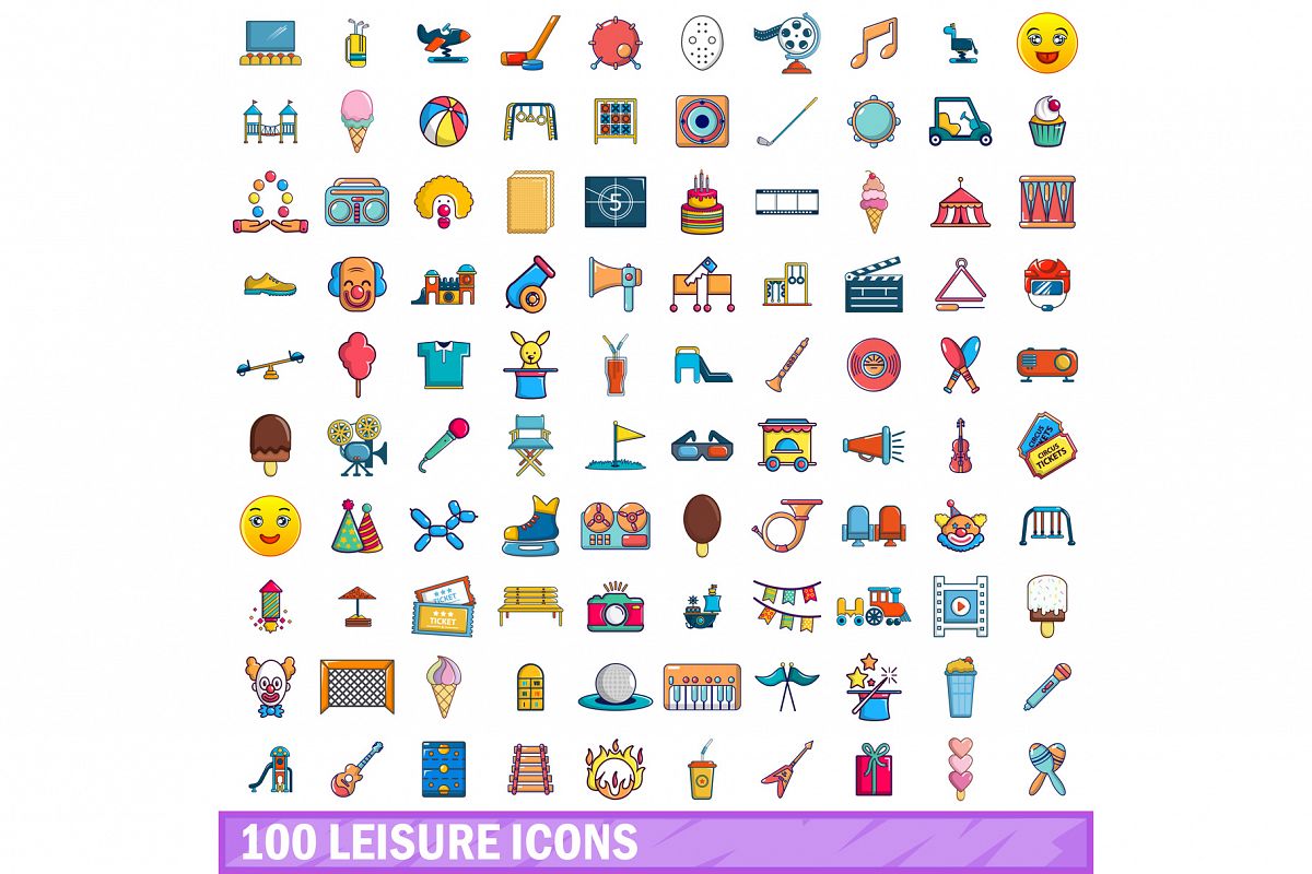 100 leisure icons set, cartoon style example image 1