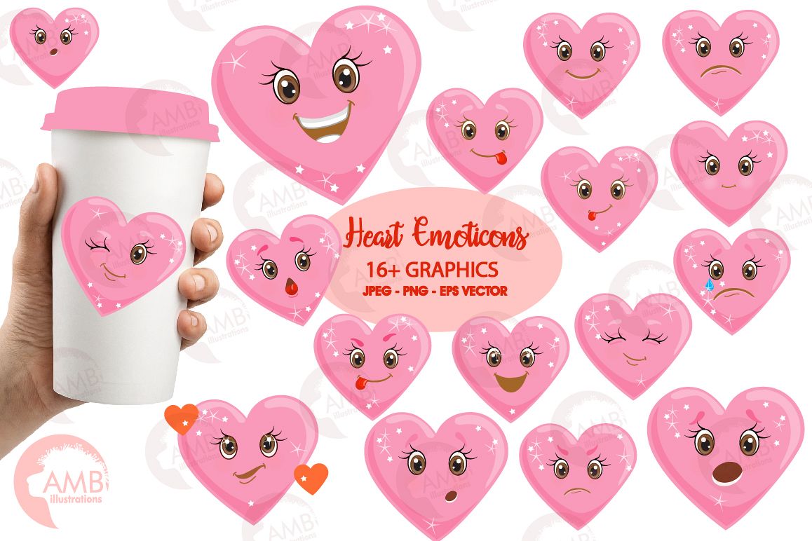 Valentine faces clipart, Heart emojis clipart, graphics illustrations AMB-1172 example image 1