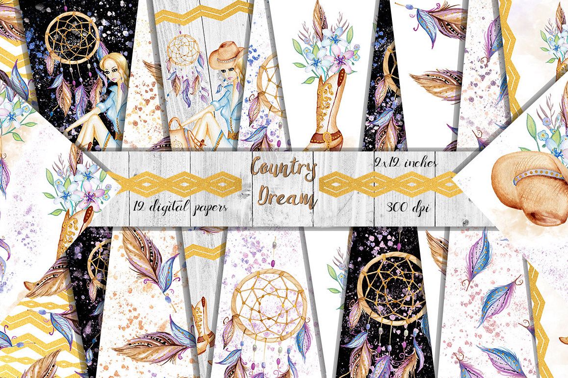 Watercolor Western Digital papers, Cowgirl, Boho papers example image 1