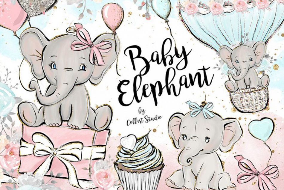 Baby Elephant clipart, Baby boy baby girl clipart, birthday example image 1