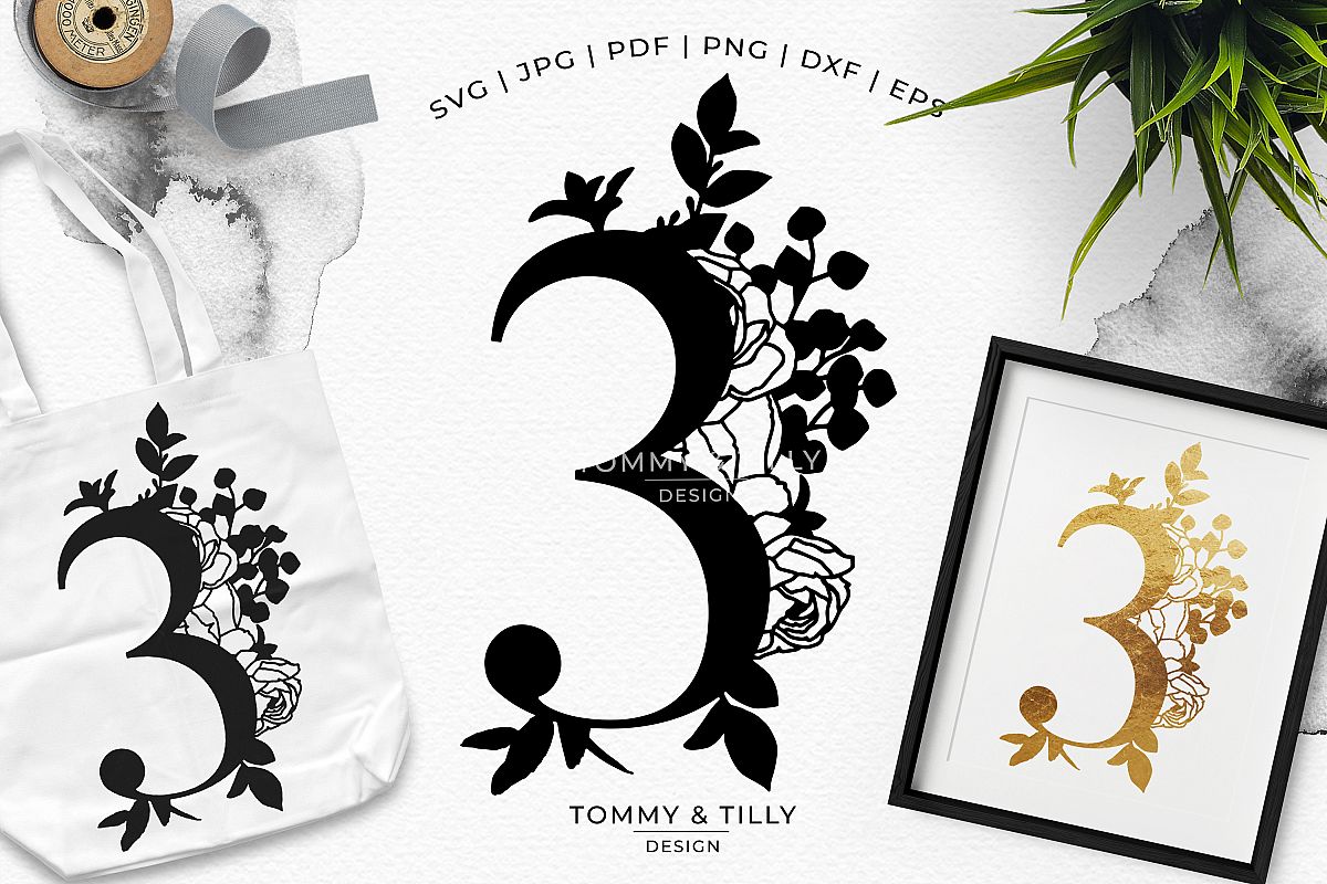 3 - Floral Bouquet Number Design - Paper Cut SVG EPS DXF PNG example image 1