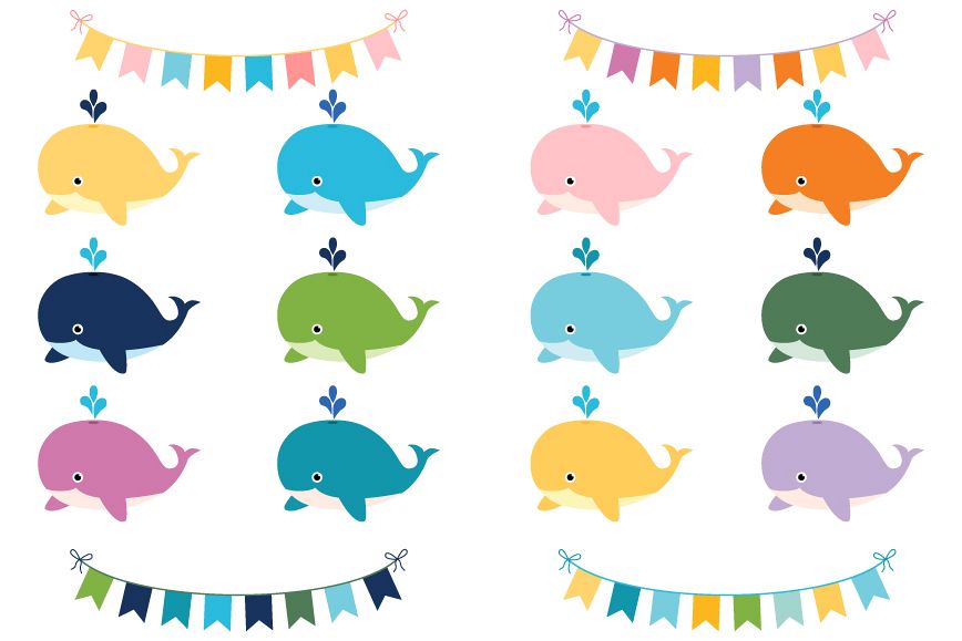 Cute colorful whales clip art set, Sea animals and buntings example image 1