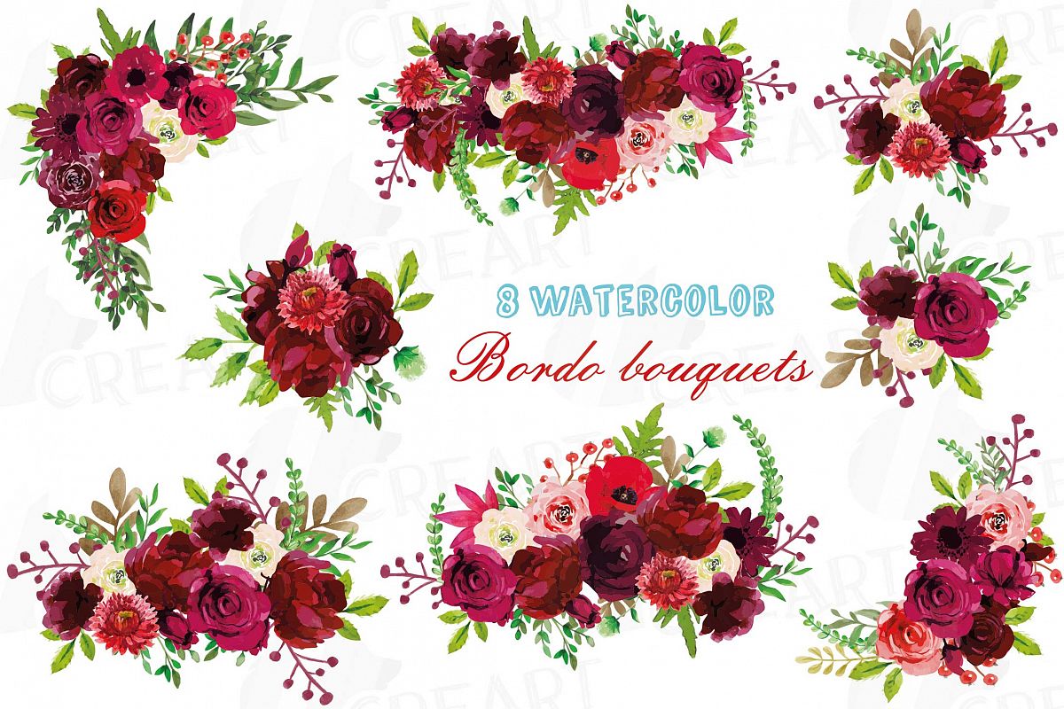 Download Boho Burgundy Red Watercolor clip art, floral bouquets png (145163) | Illustrations | Design Bundles
