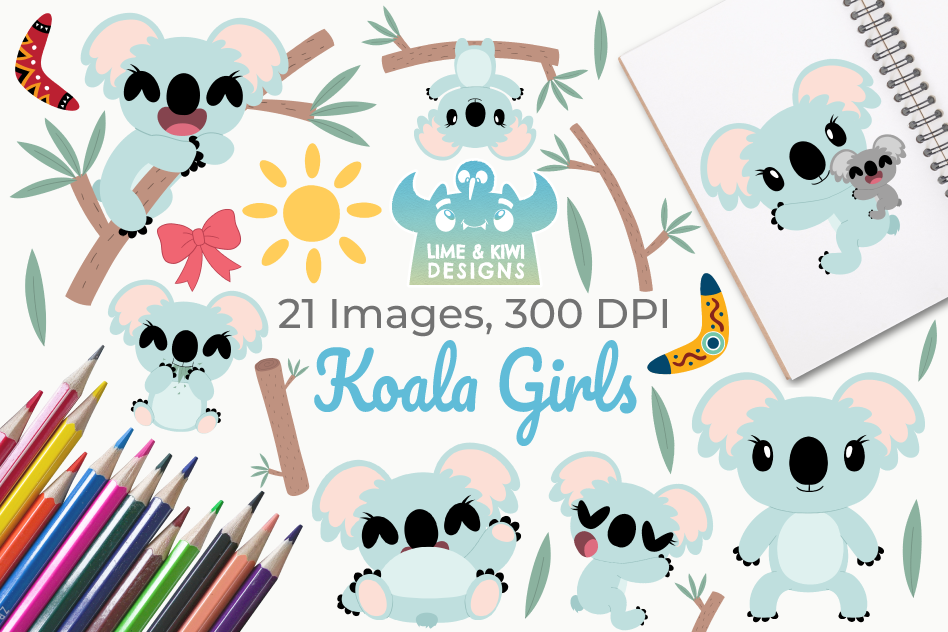 Koala Girls Clipart, Instant Download Vector Art example image 1
