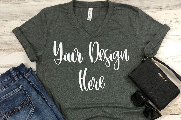 Bella 3005 Deep Heather Grey V-Neck Shirt Mockup Photo example image 1
