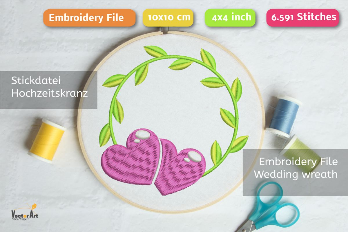 Wedding Wreath with Hearts - Embroidery File - 4x4 inch example image 1