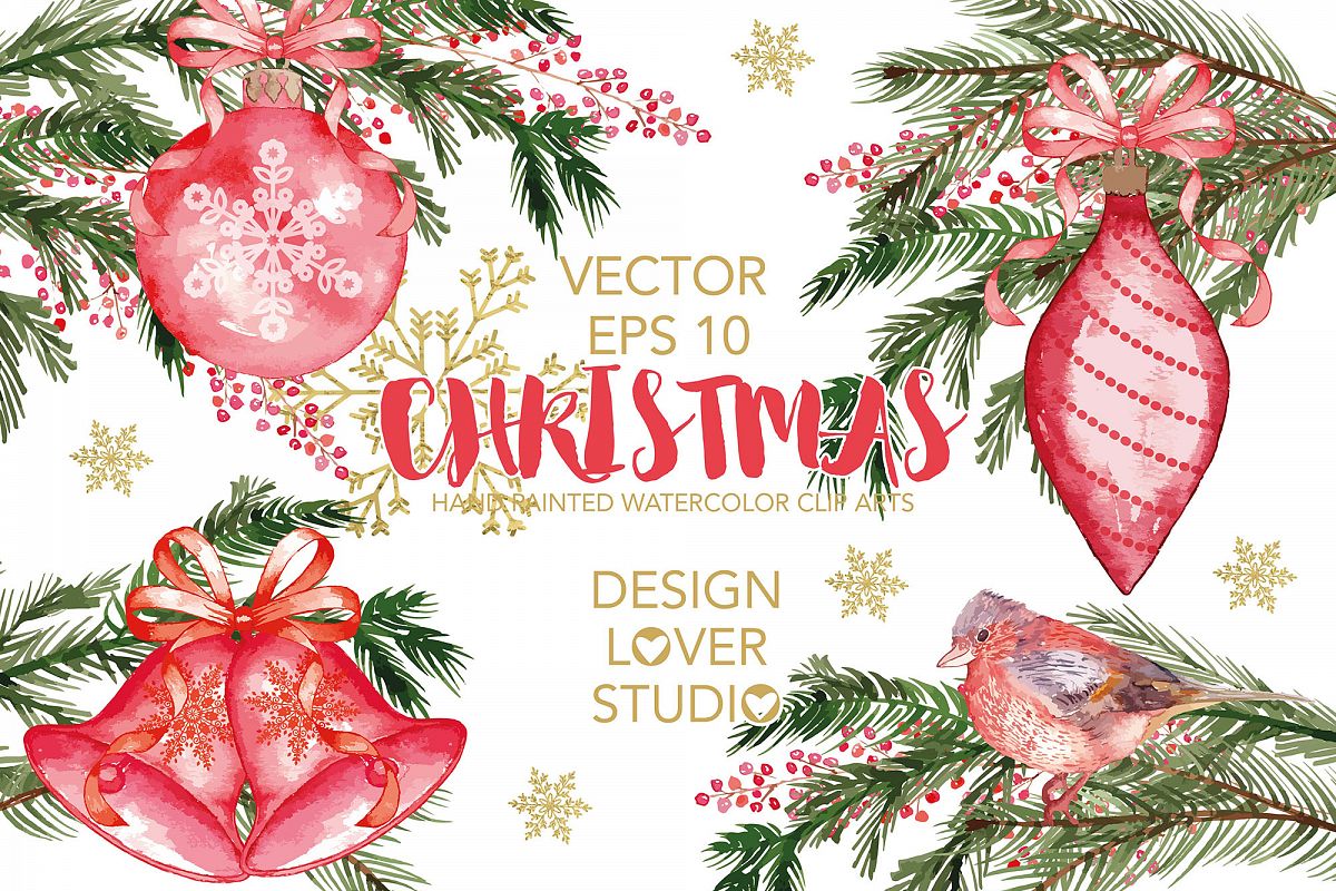 Vector watercolor Christmas cliparts example image 1