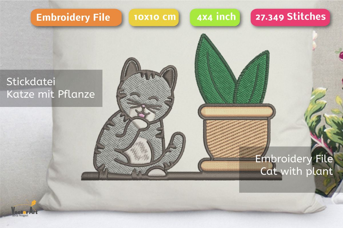 Cleaning Cat with Succulent - Embroidery File - 4x4 inch example image 1