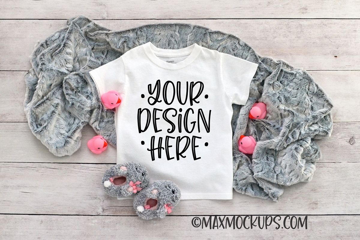 White kids shirt mockup with bunny slippers, ducks and fur example image 1