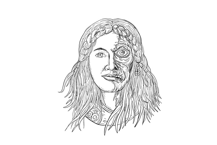 Norse Goddess Hel Face Front Drawing Black and White example image 1