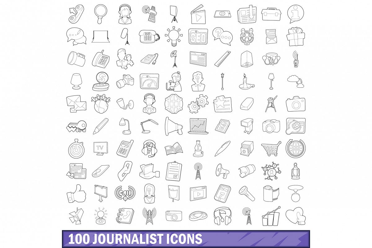 100 journalist icons set, outline style example image 1