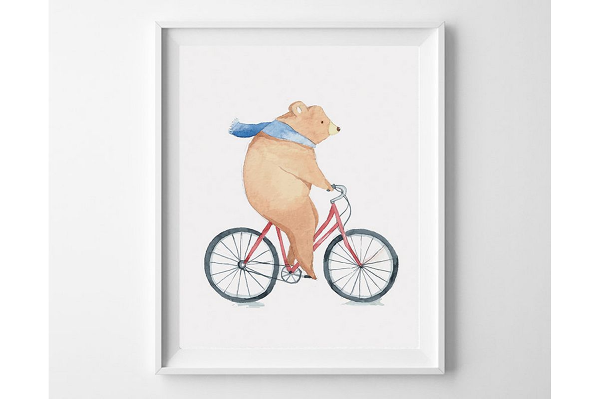 Bear on Bicycle Print for Kids Decor, nimal Poster for Kids example image 1
