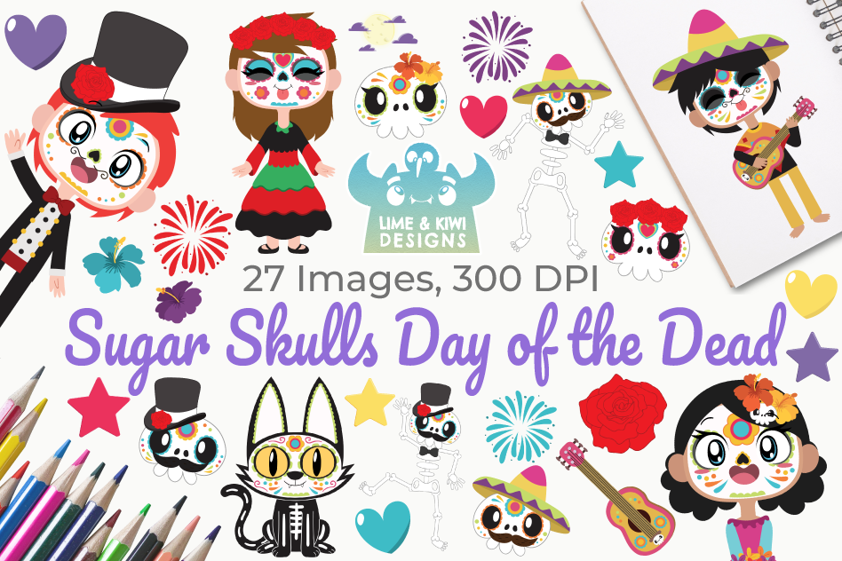 Sugar Skulls Day of the Dead Clipart, Instant Download example image 1