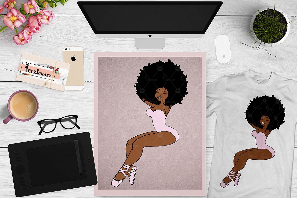 Ballerina Afro Woman Melanin Poppin Afro Puff SVG Cut File example image 1