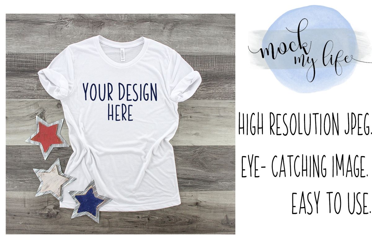 MockUp Bella Canvas White Shirt / Patriotic Flat Lay example image 1