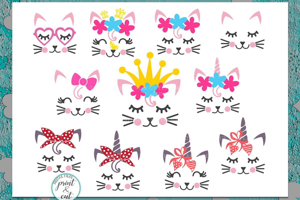 Download Cat Kitty face bundle with flowers hearts unicorn crown svg