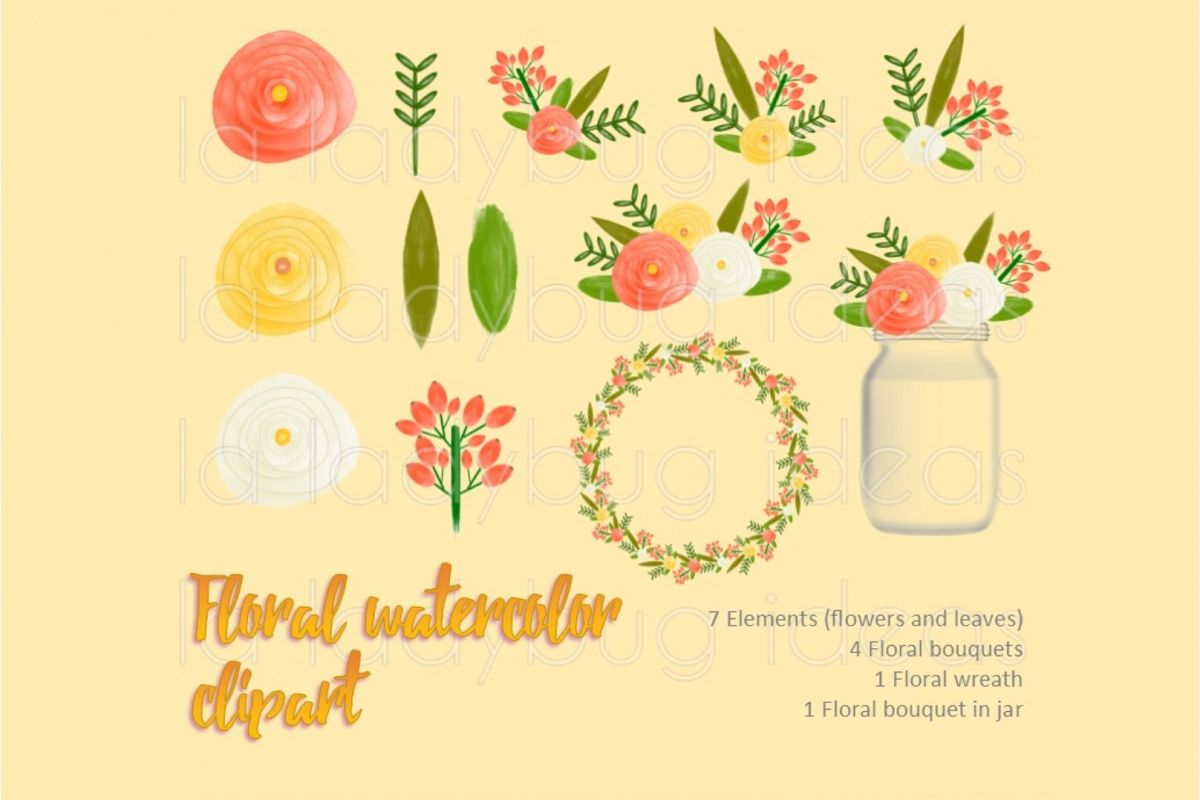 Orange and yellow floral watercolor clip art collection. example image 1