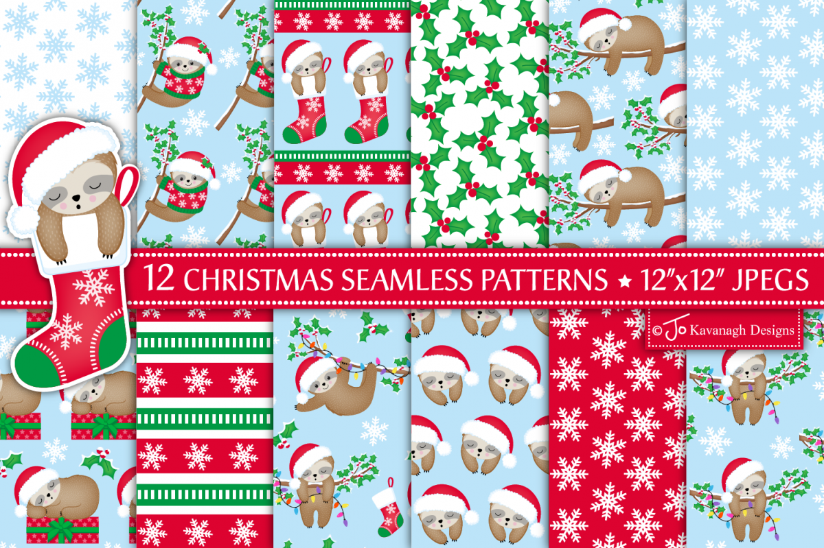 Christmas Sloth Digital Papers, Christmas Patterns -P43 example image 1
