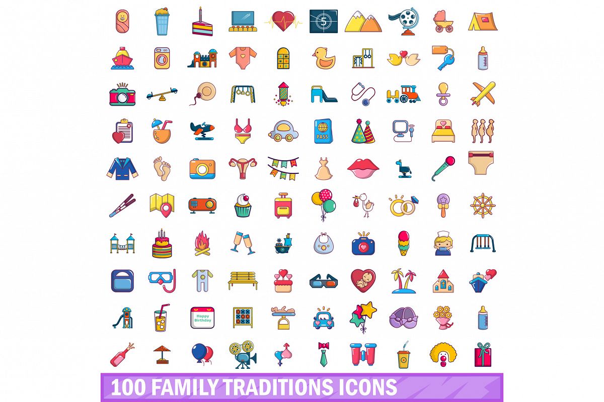 100 family traditions icons set, cartoon style example image 1