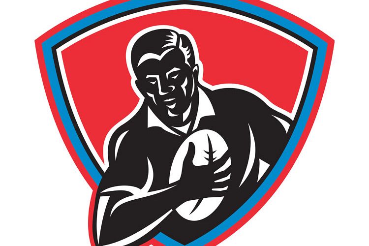 Rugby player running with ball front shield example image 1