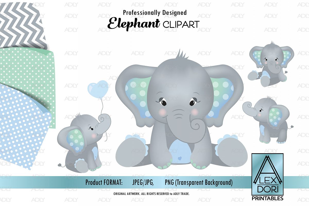 Mint Green / Baby Blue Elephant Cliparts, background set-3 example image 1