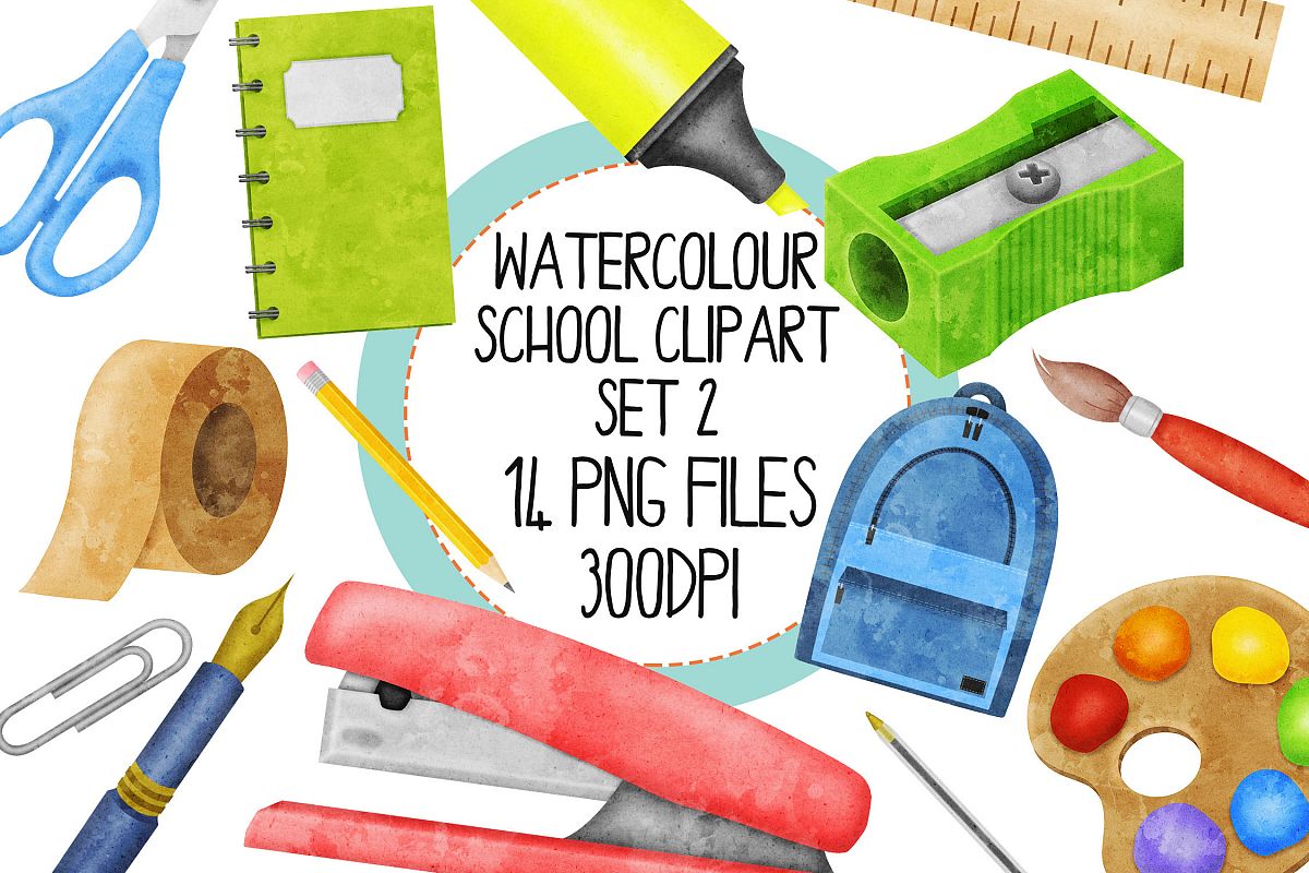 Watercolor School Clip Art Set 2 example image 1