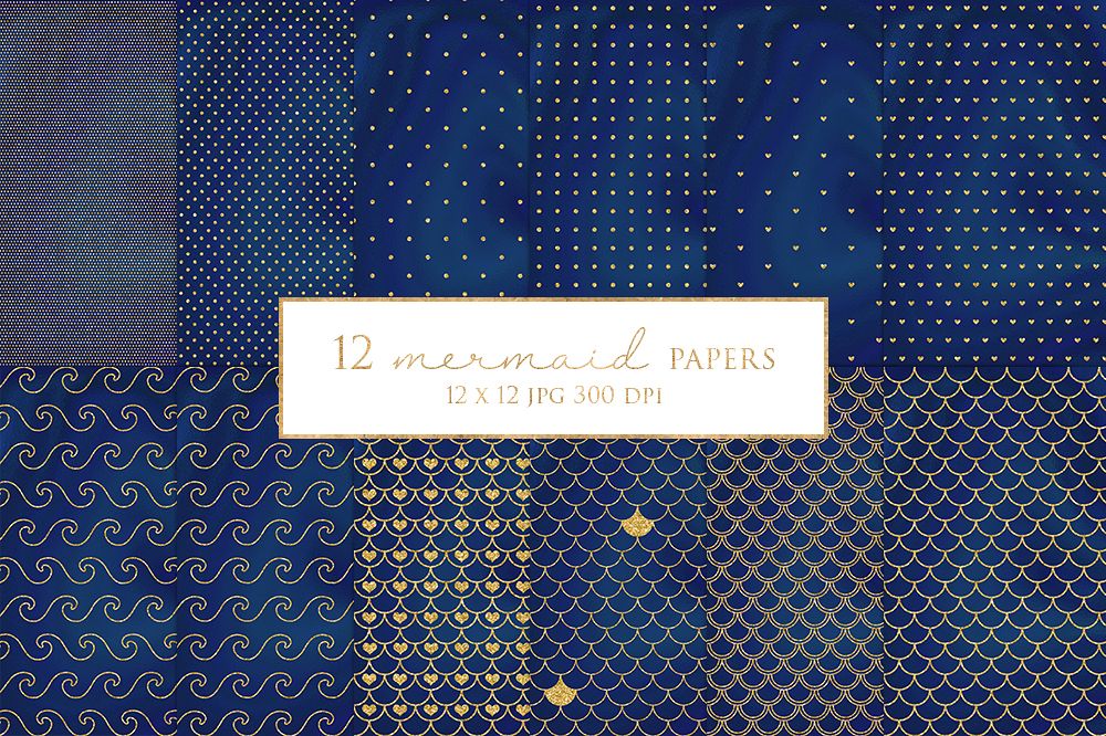12 Gold Glitter Mermaid Digital Paper Pack example image 1