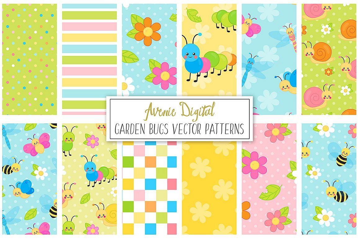 Spring Garden bugs Digital Paper and Vector Patterns example image 1