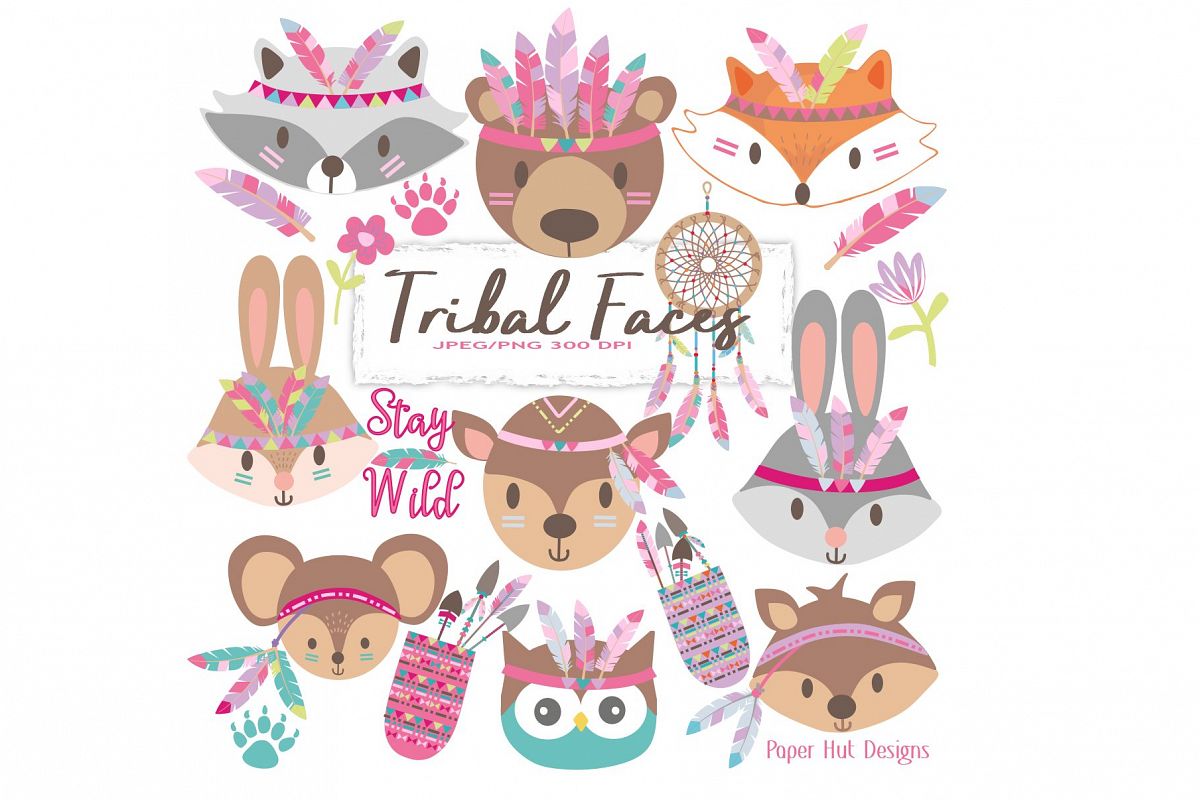 Girls Tribal Animals Faces Clipart example image 1