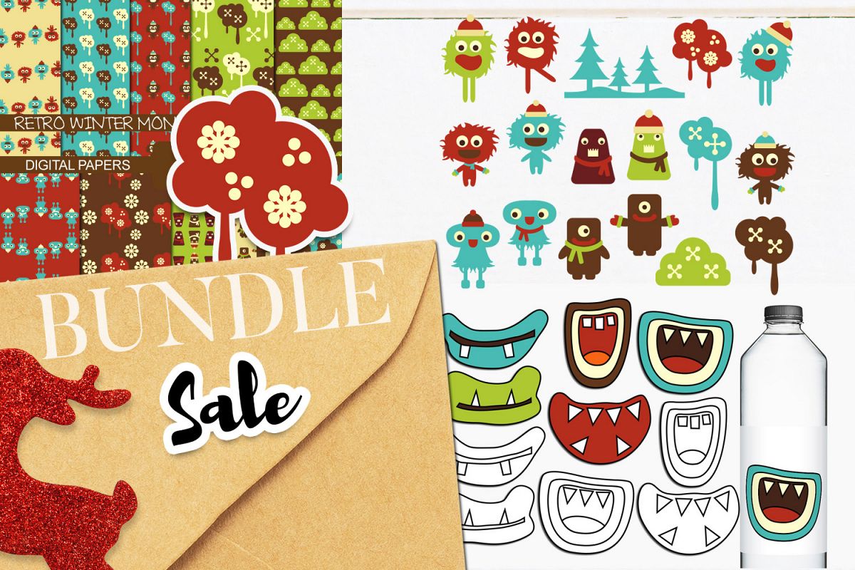 Retro Monster Clip art Illustrations Bundle example image 1