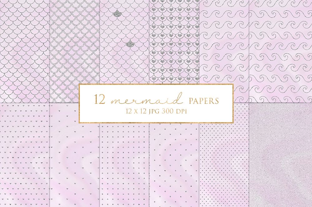 12 Silver Glitter Mermaid Digital Paper Pack example image 1