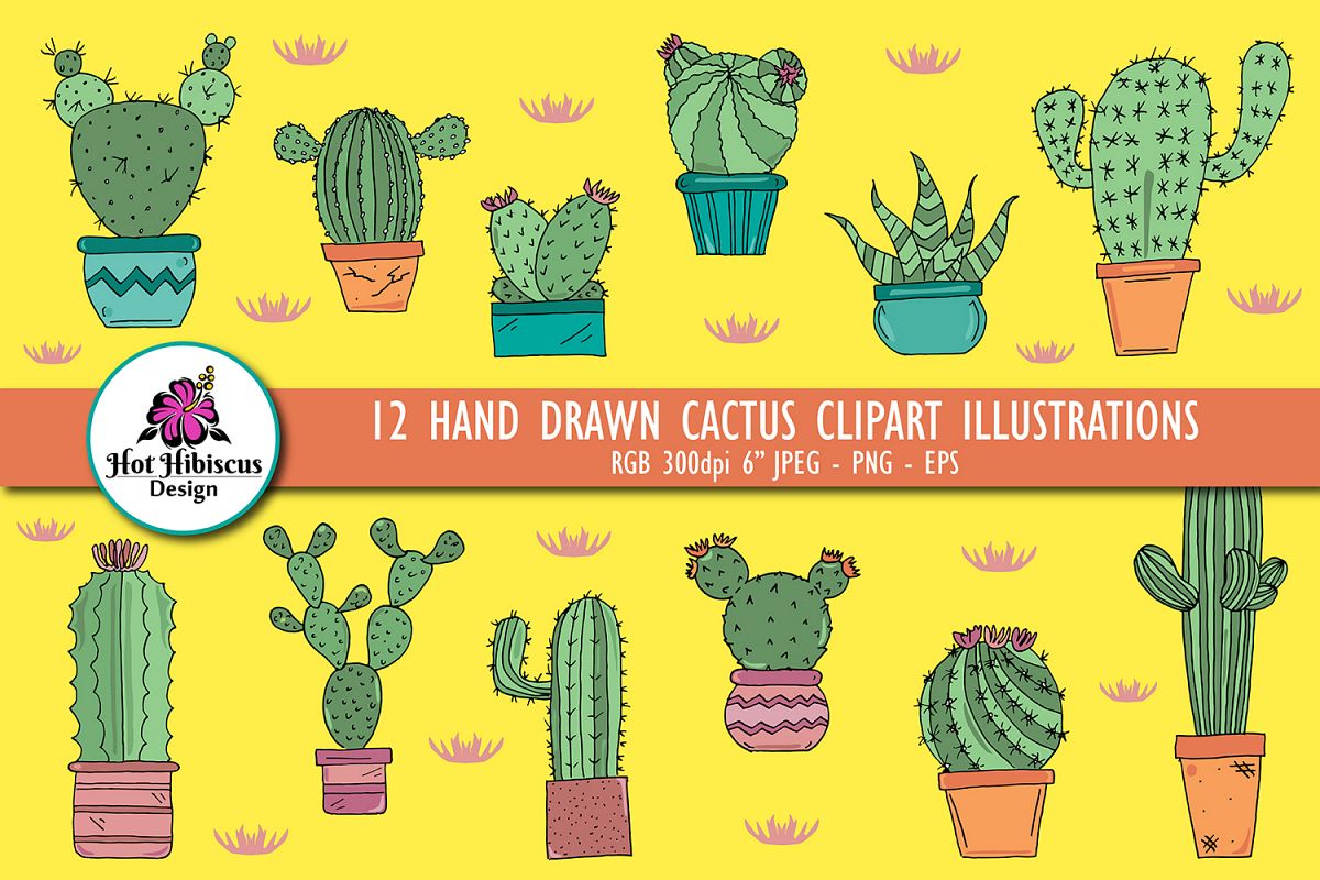 Hand Drawn Cactus Clipart Illustrations Pack PNG JPEG EPS example image 1