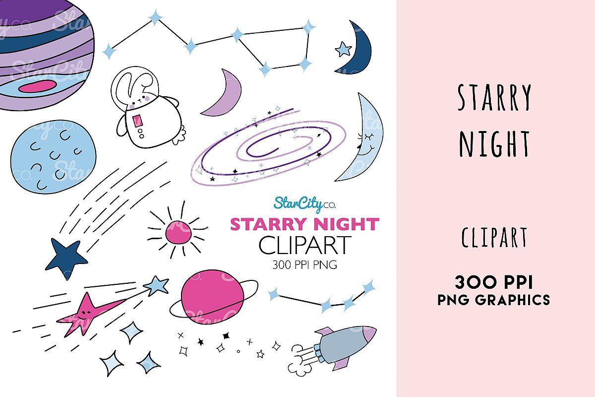 Starry Night Hand Drawn Space clipart graphics, Saturn art example image 1