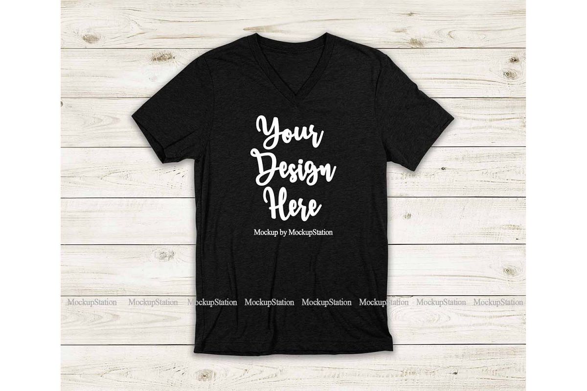 Black Heather Shirt Mockup, Bella Canvas 3005 V-Neck Tee Moc example image 1