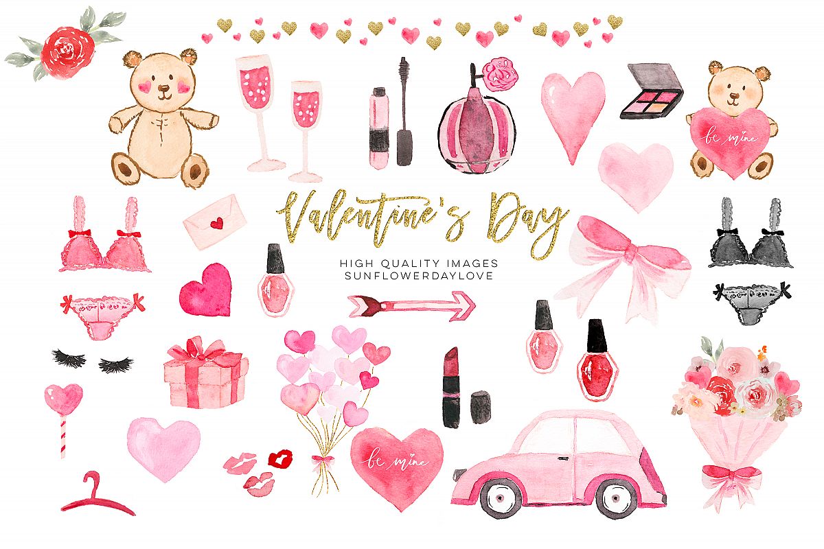 Valentines Day Planner Cliparts, Watercolor Heart Clipart example image 1