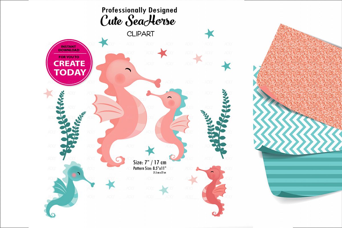 Little Baby Coral and Teal Seahorse Clip Art Design for DIY example image 1