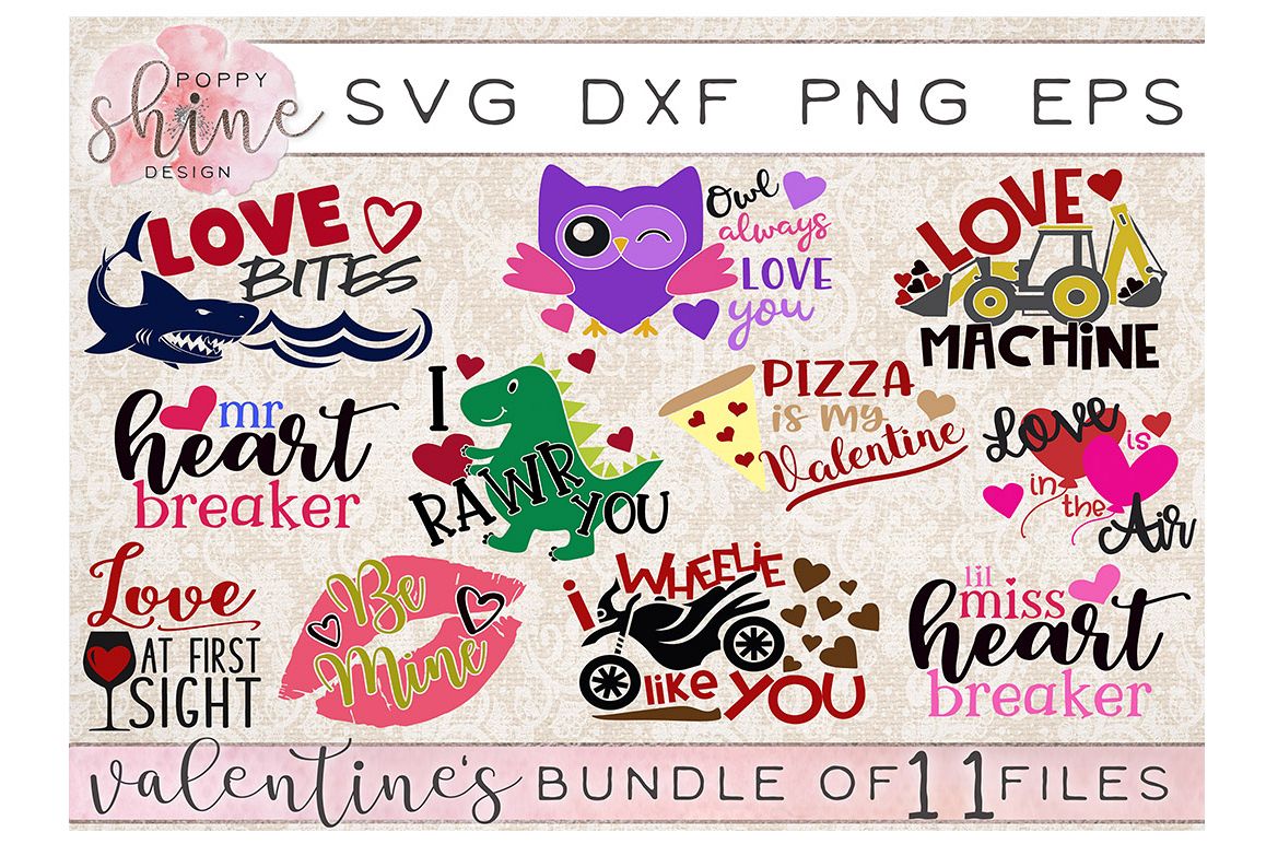 Valentine's Day Bundle of 11 SVG PNG EPS DXF Cutting Files example image 1