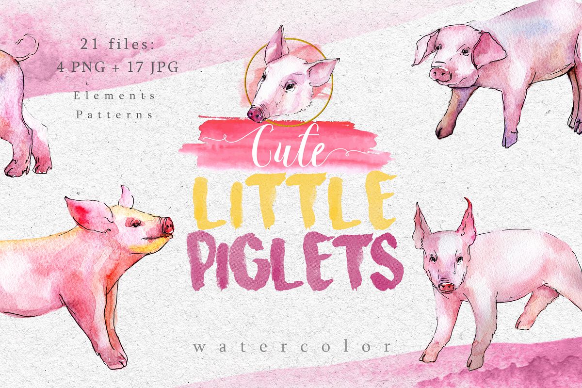 Watercolor pink pig png set example image 1