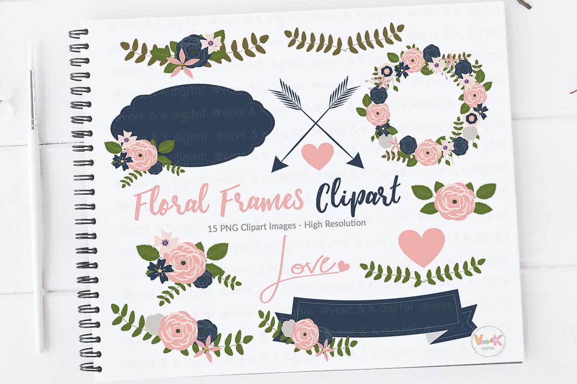 Floral Frames Clipart, Floral Bouquets Clipart, Frames Clipart Set, Navy and Pink Clipart, Navy and Pink, Digital Floral Elements, Wreath example image 1