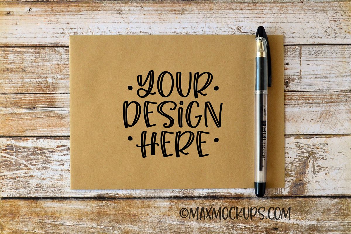 Kraft Envelope Mockup, with pen, wood background example image 1