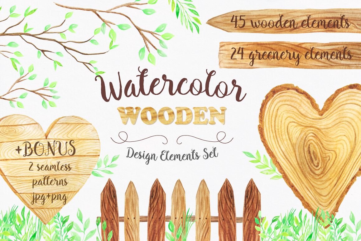 Watercolor Wooden Design Set example image 1