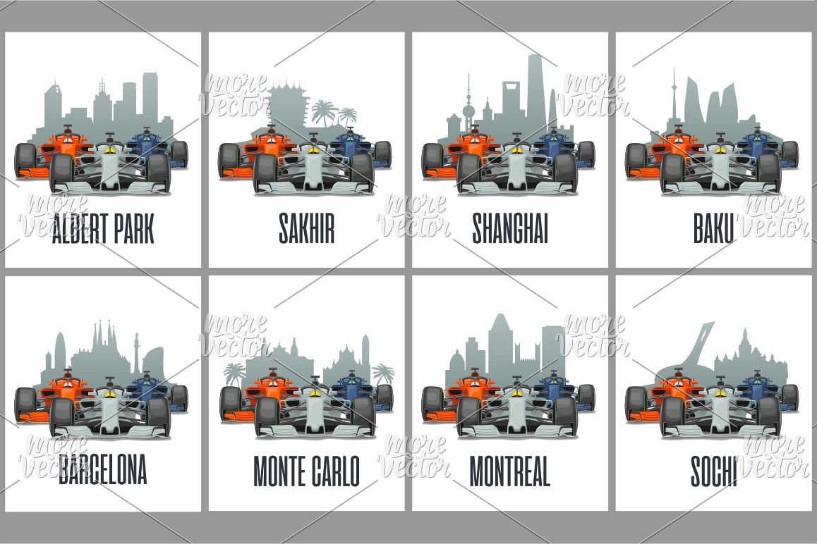 Bahrain, Sakhir, Barcelona, Spain, Shanghai, China, Melbourne, Australia, Baku, Montreal, Sochi, Monte Carlo, Cityline and cars on Grand Prix example image 1