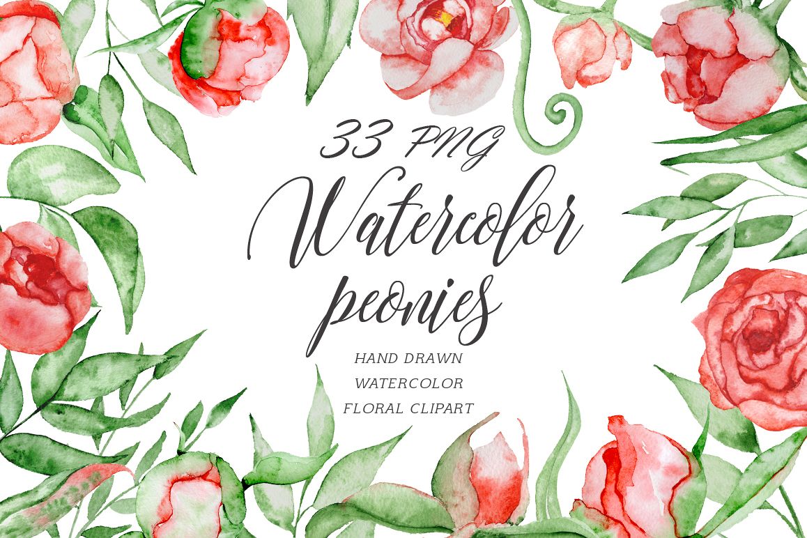 Watercolor red romantic peonies clipart Floral elements example image 1