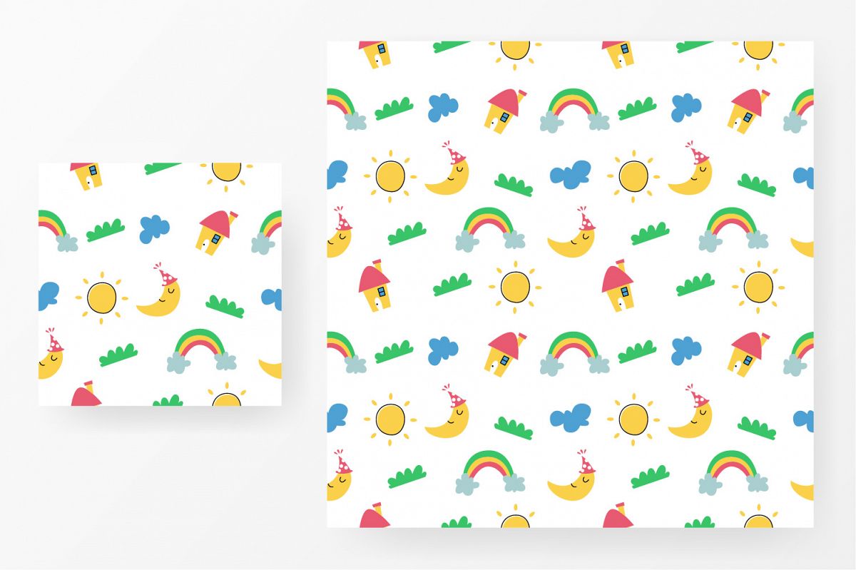Seamless pattern house, rainbow, cloud, moon and sun example image 1