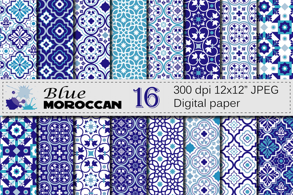 Blue Moroccan Digital Paper Pack / Blue Ethnic Tribal Geometric Ornamental Digital papers / Moroccan backgrounds / Scrapbooking Printable paper example image 1