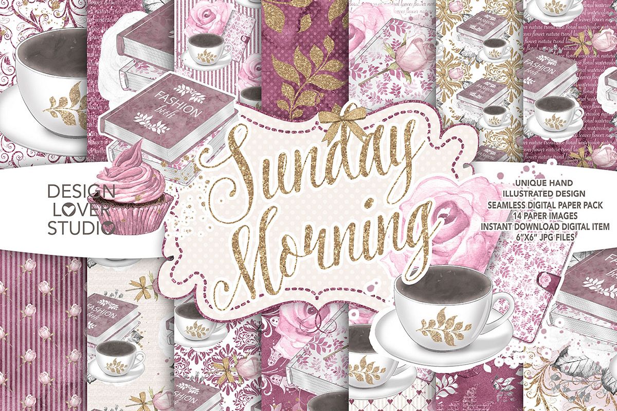Watercolor Sunday Morning digital paper pack 2 example image 1