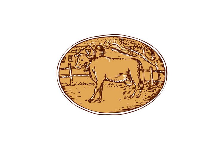 Cow Ranch Farm House Oval Woodcut example image 1