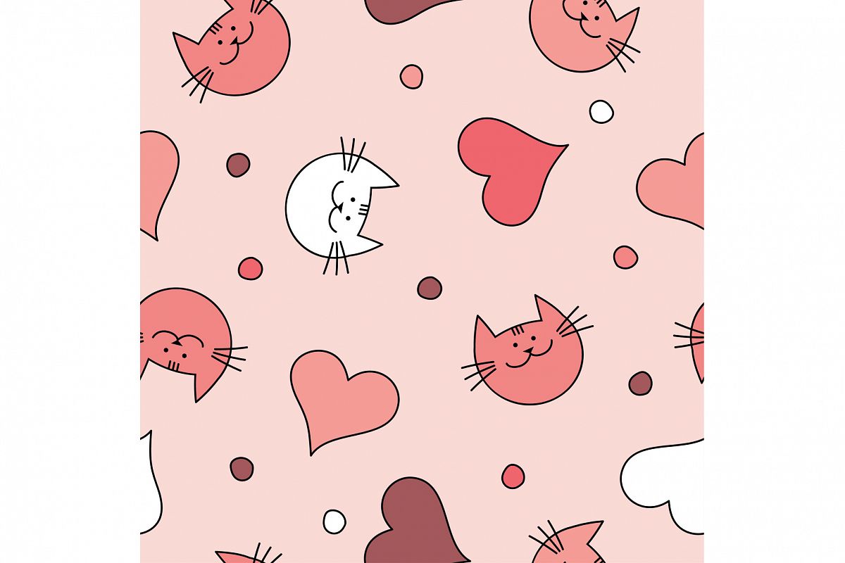 Seamless vector background with decorative cats and hearts. Print. Repeating background. Cloth design, wallpaper. example image 1